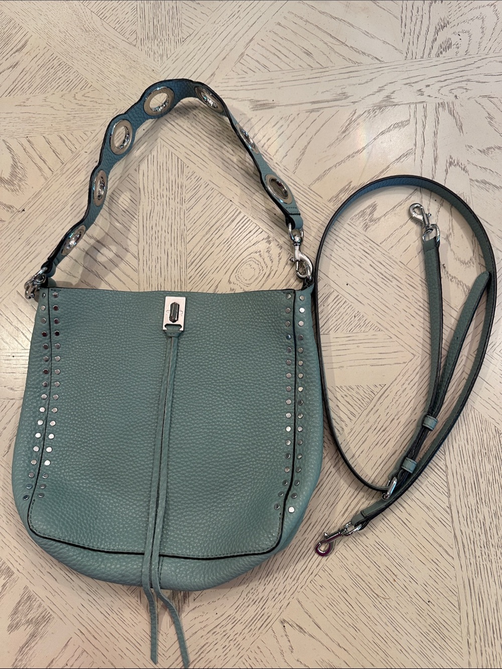 Pebbled Leather Shoulder Bag with Stud Accents and alternative crossbody strap